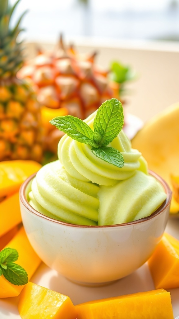 Malaysian Ice Cream Recipe A bowl of pandan-flavored Malaysian ice cream in a coconut shell, garnished with mint leaves and tropical fruits.